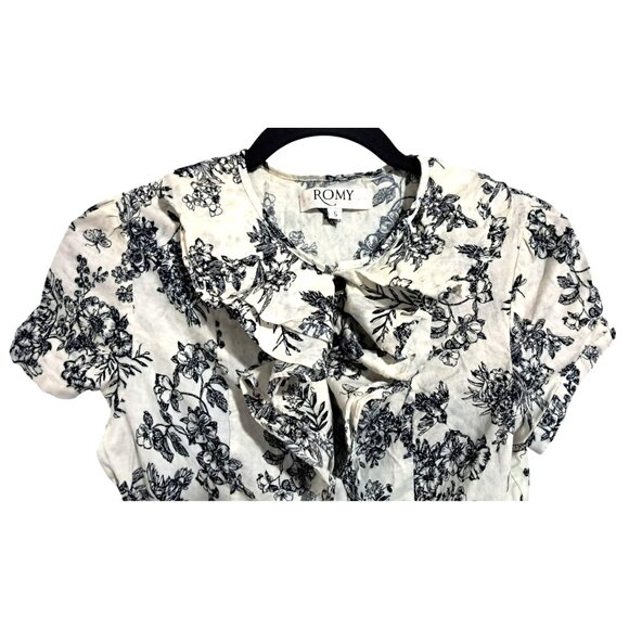 Romy Womens Small Floral Button-Down Blouse With Ruffle Collar Short Sleeves 100 - Picture 5 of 8